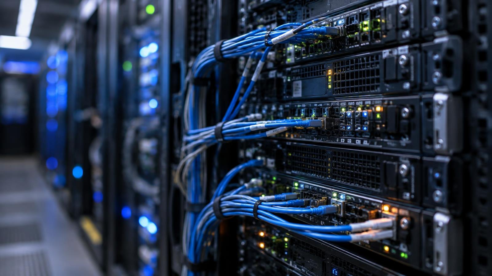 Glowing server rack nodes with fiber optic cables in a dark data center.