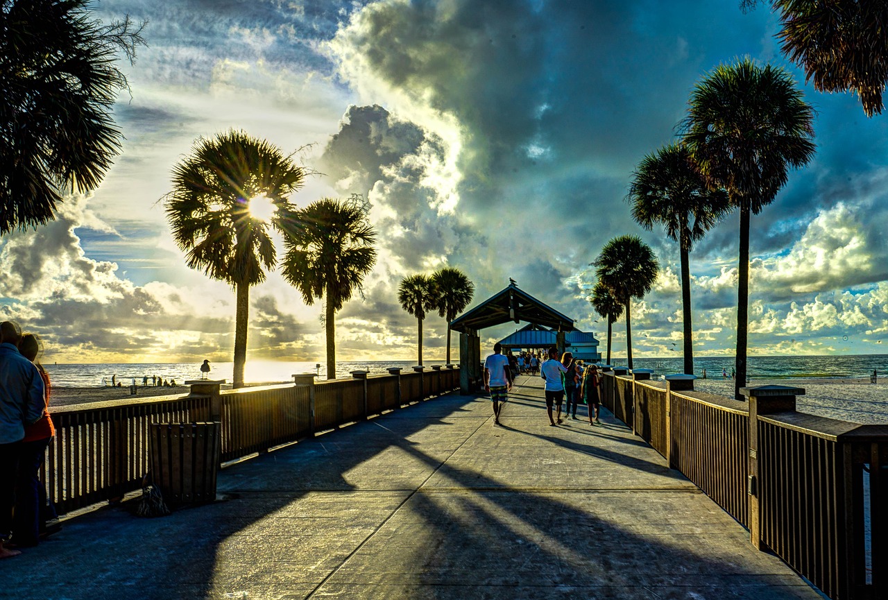 Clearwater beach, florida, gulf coast, water, shore, tropical, pier, outdoors, sunset, nature, sun, clouds, sky, blue, p