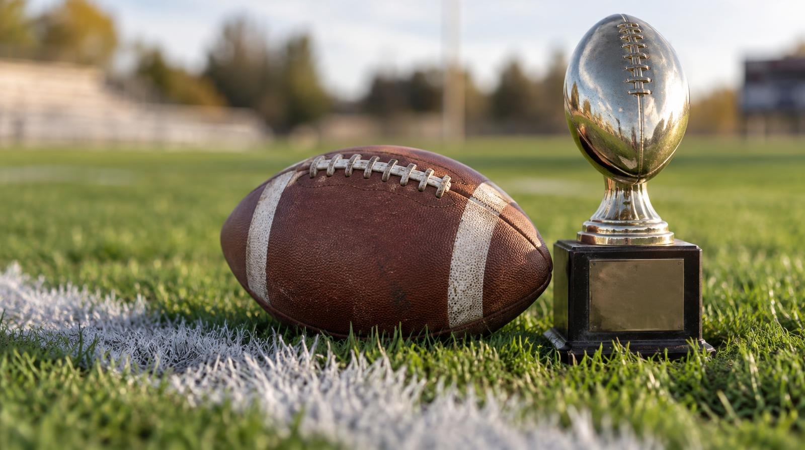An American football and small trophy resting on green grass beside a white yard line.