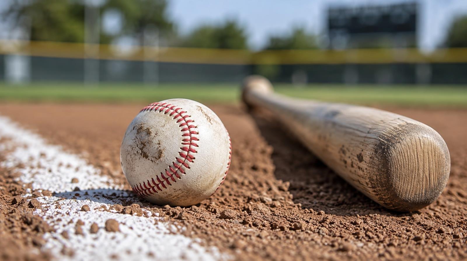 A baseball resting on a dirt infield beside a chalk line with a wooden bat nearby.