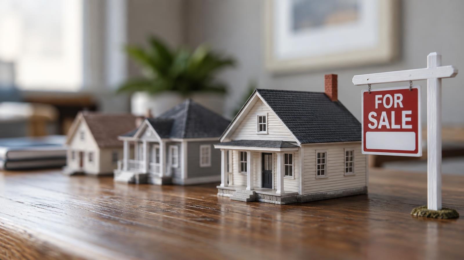 Row of small model houses on a wooden surface beside a miniature for-sale sign.