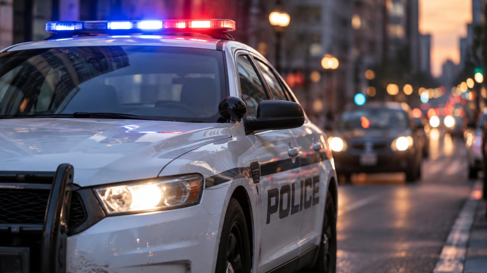 A police patrol car with red and blue emergency lights on a city street at dusk.