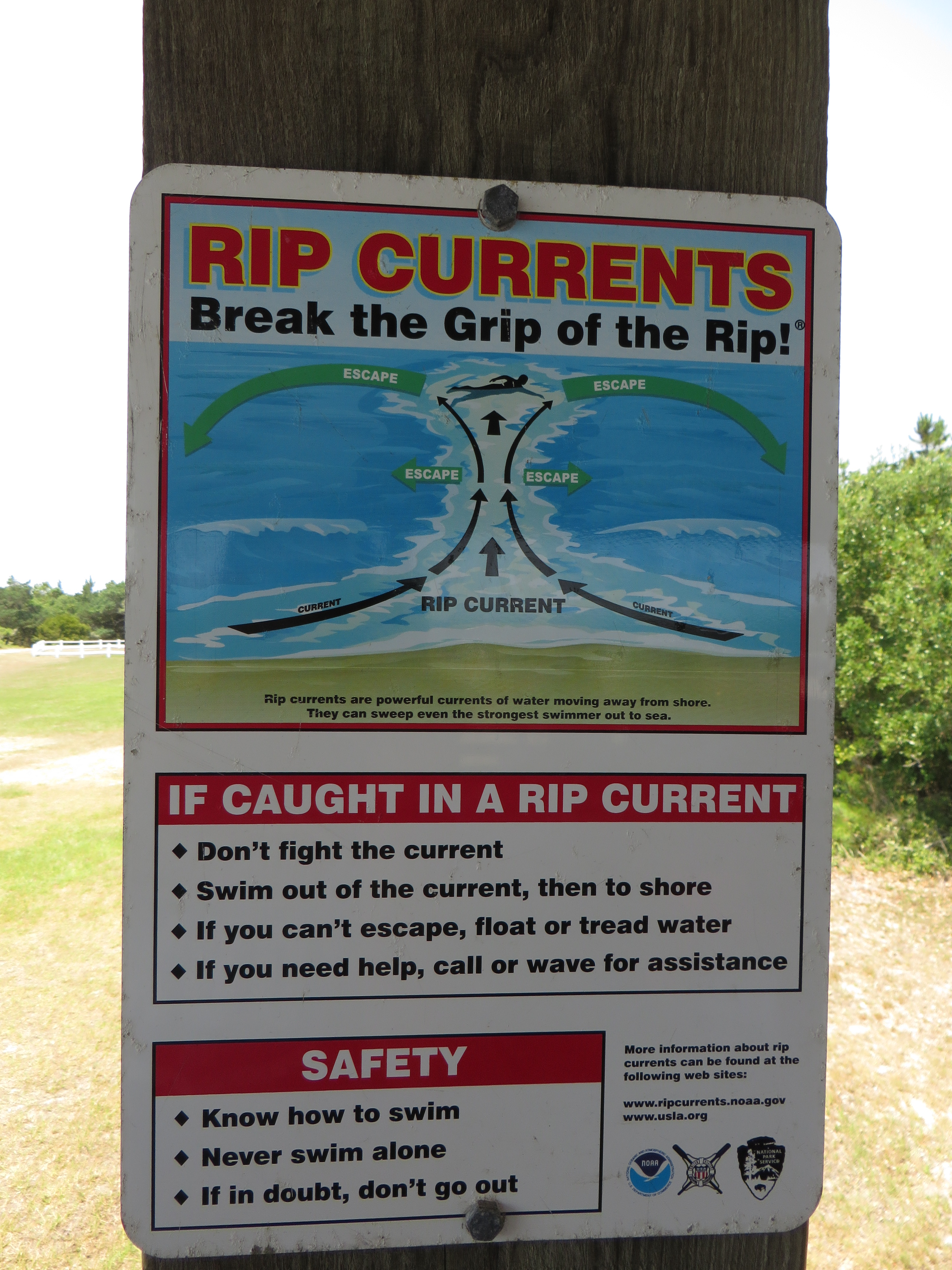 Wooden post sign reading 'Rip Currents – Break the Grip of the Rip' with safety diagram.
