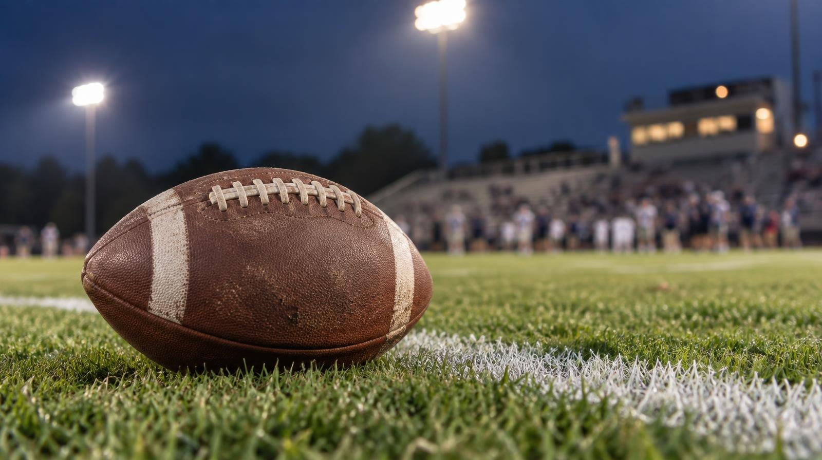 An American football resting on green grass beside a white yard line under stadium lights.