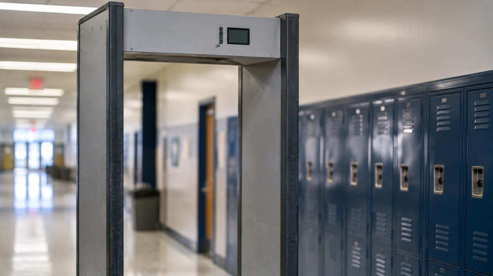 A metal walk-through security detector gate in an empty school hallway lined with lockers.