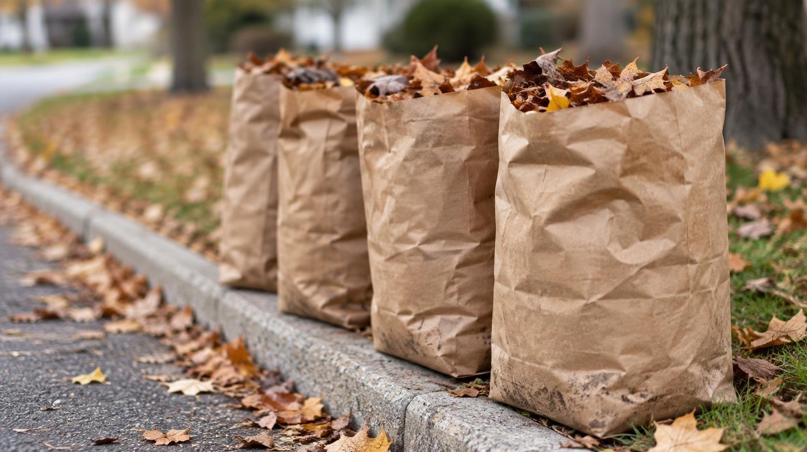 Brown paper leaf bags filled with autumn leaves lined up at a curb.