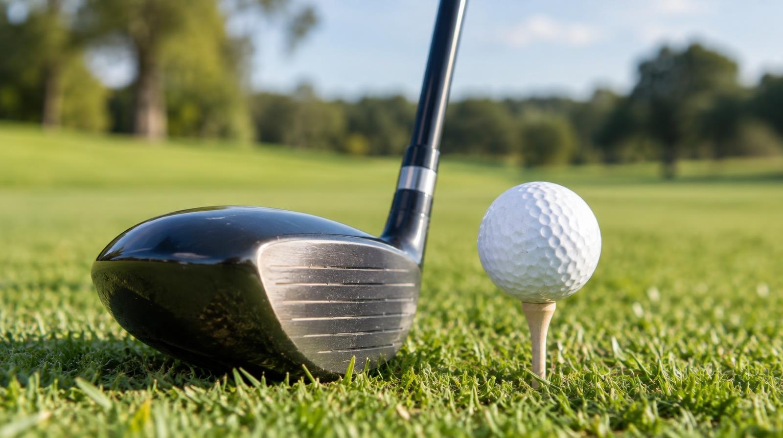A fairway wood golf club head and white golf ball on a green fairway.