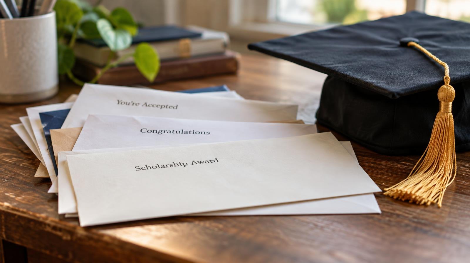 Graduation cap and tassel beside fanned-out envelopes on a wooden desk.