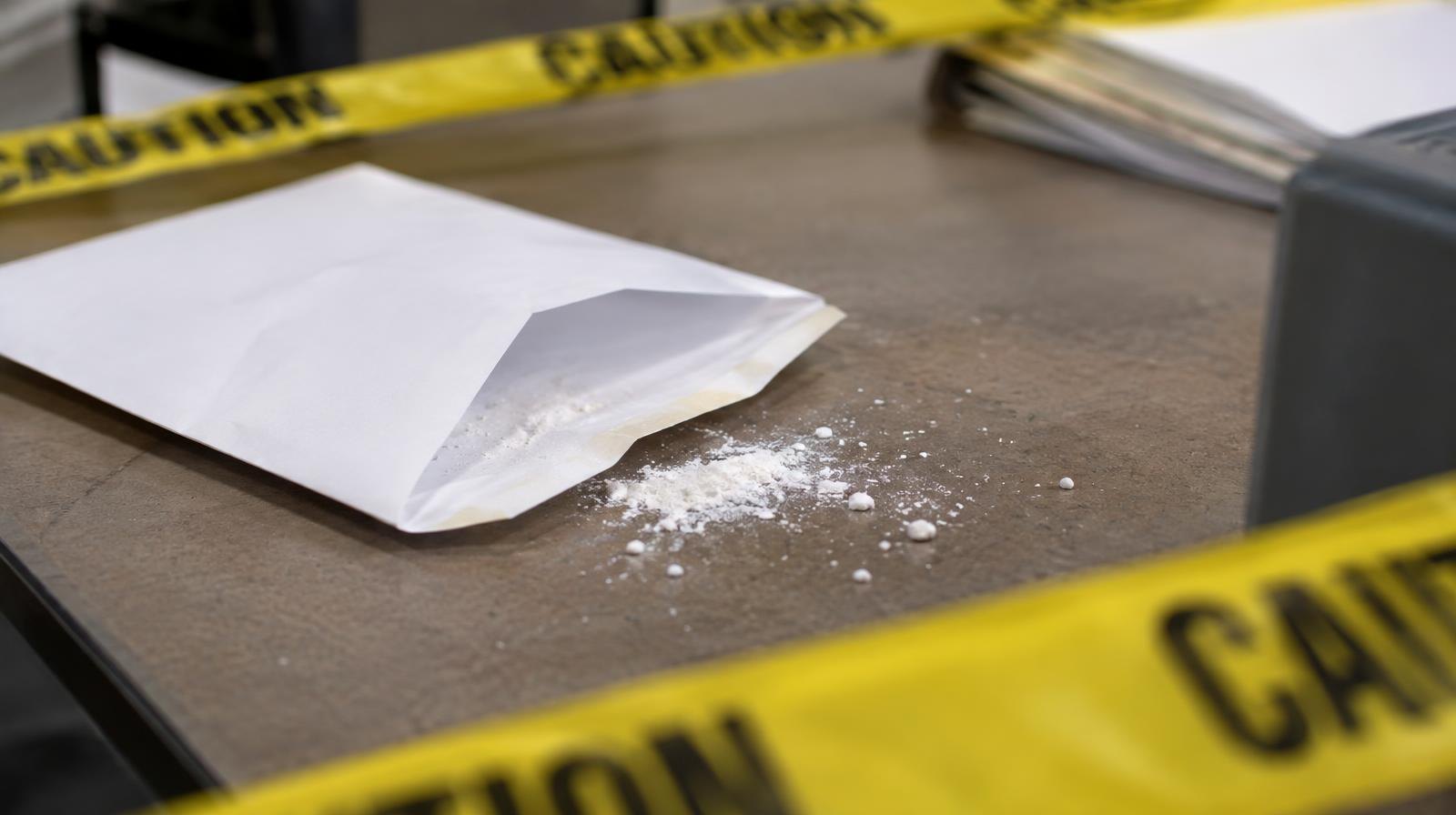 Open white envelope with white powder spilled on a table, surrounded by yellow hazard tape.