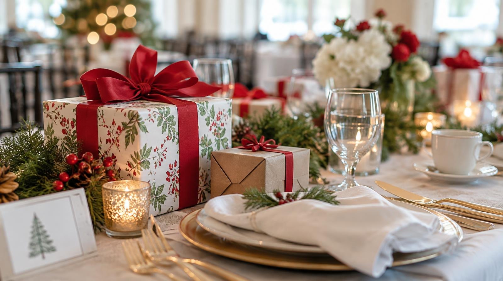 Elegant holiday table with wrapped gift boxes and festive place settings.