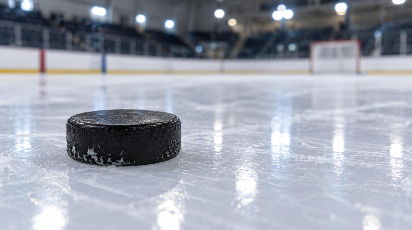 A black hockey puck on a smooth, reflective ice surface under arena lighting.