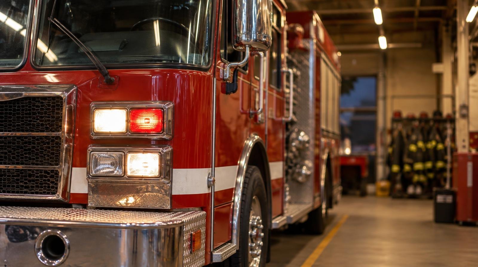 Red fire engine parked inside a fire station bay under overhead lights.