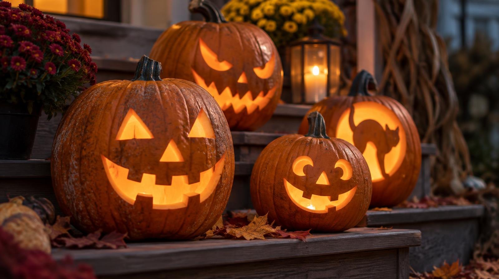 A cluster of glowing carved jack-o'-lanterns arranged on wooden steps outdoors at night.