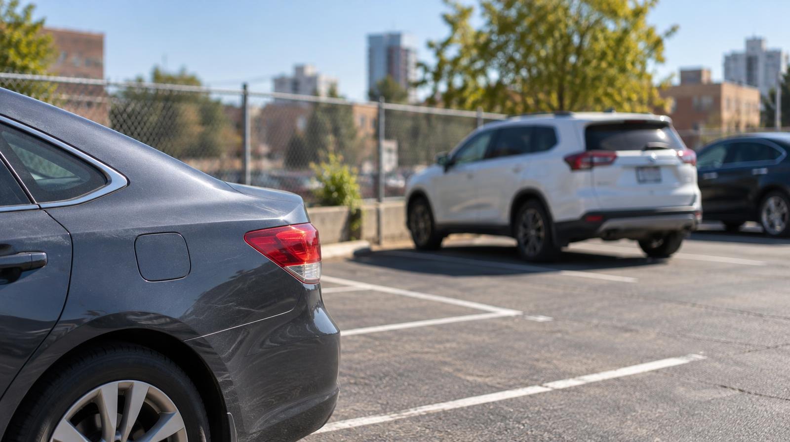 Empty urban parking lot with white-painted stall lines on asphalt.