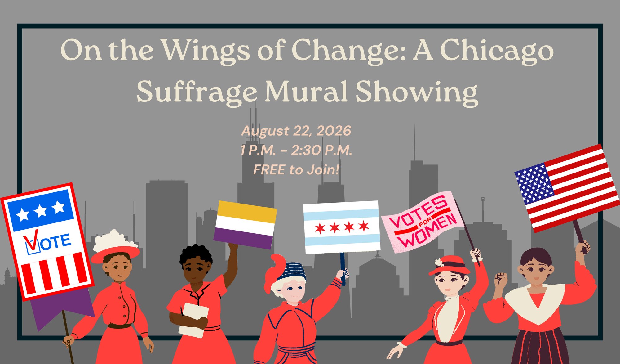 Event flyer showing illustrated women holding suffrage signs and flags against a city skyline.