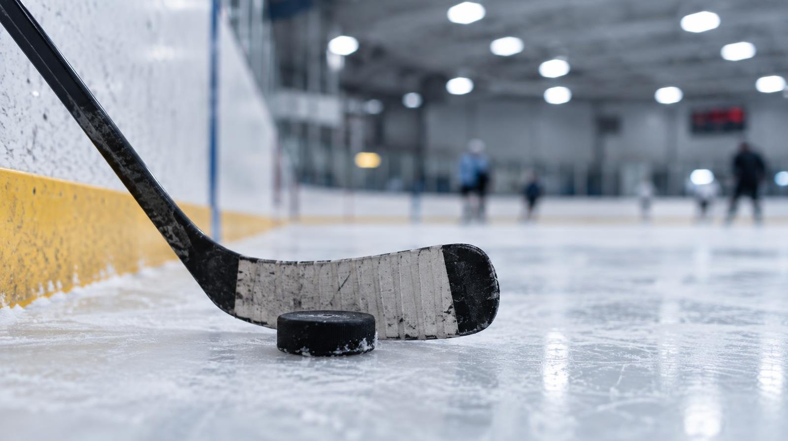 An ice hockey stick and puck resting on the ice near the rink boards.