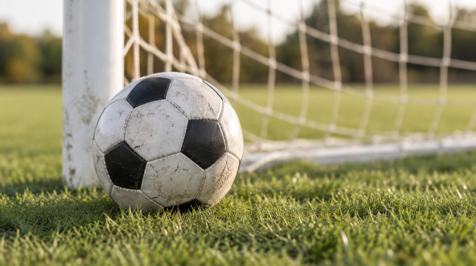A black-and-white soccer ball on green grass near the corner of a goal net.