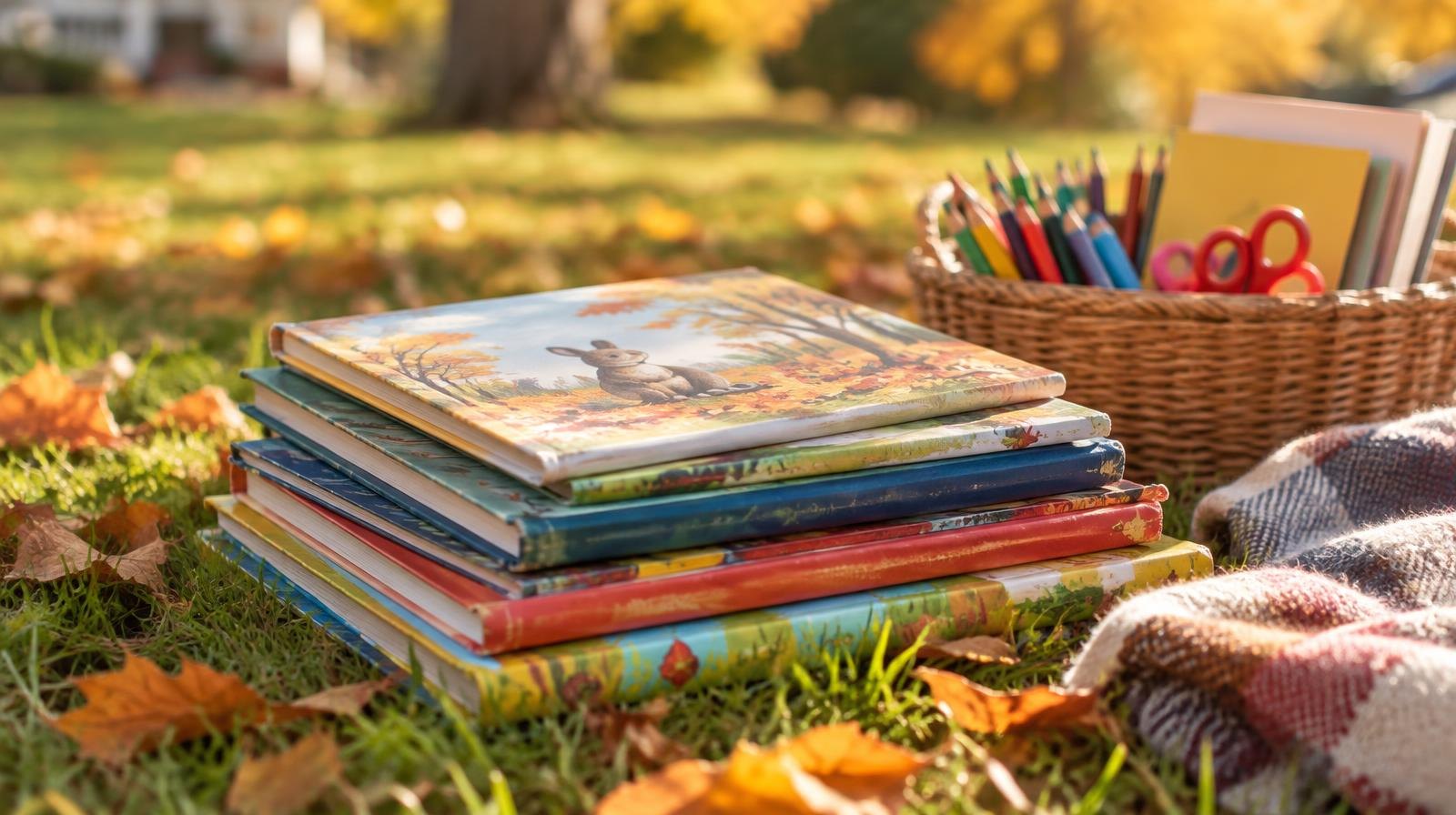 Colorful children's picture books stacked on a grassy lawn beside a basket of craft supplies.