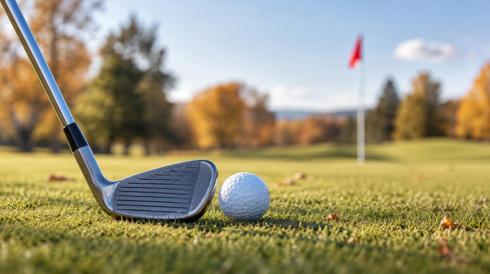 A golf club resting beside a golf ball on a closely mown fairway with a distant flagstick.