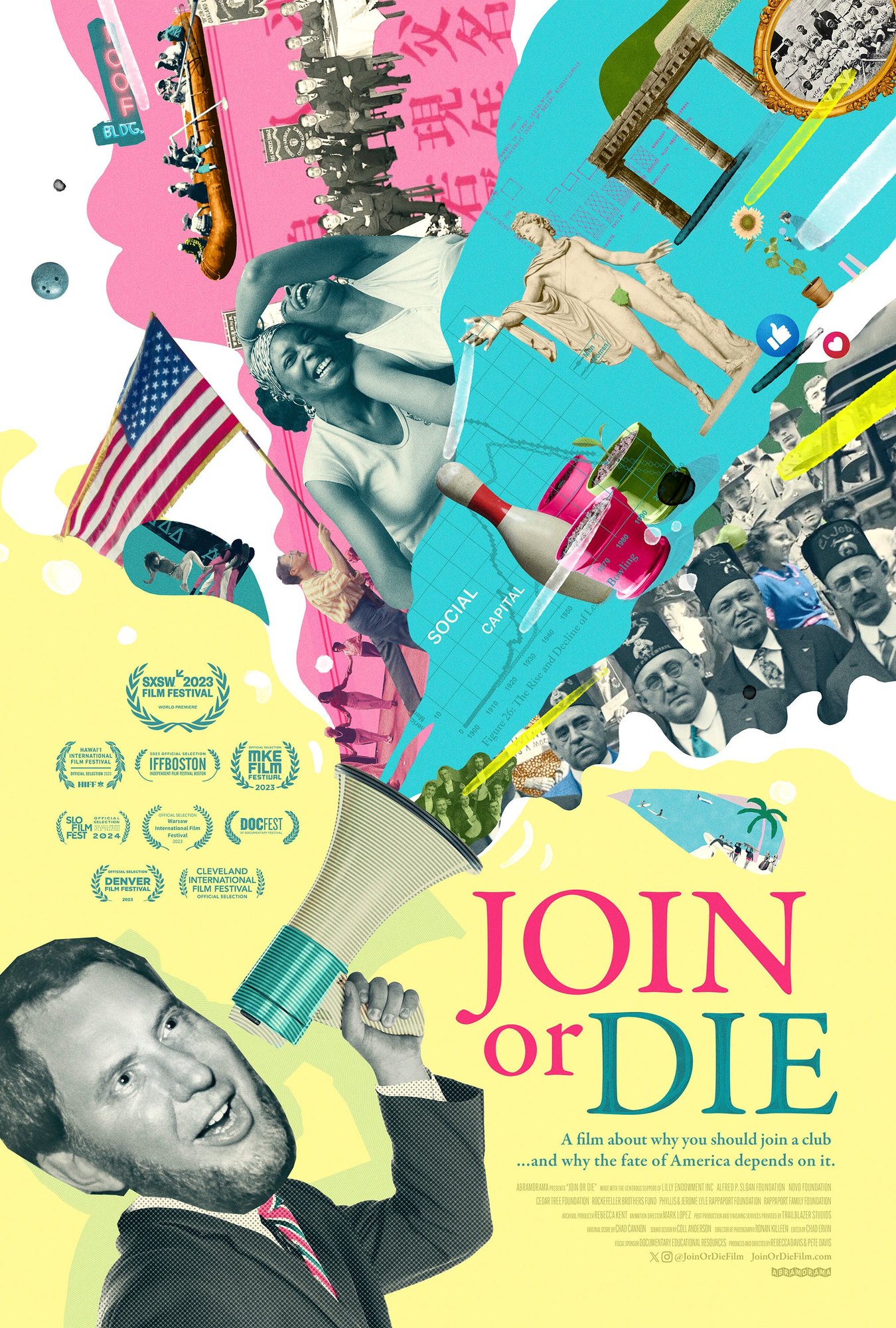 Movie poster for Join or Die featuring a man with a megaphone and colorful American imagery.