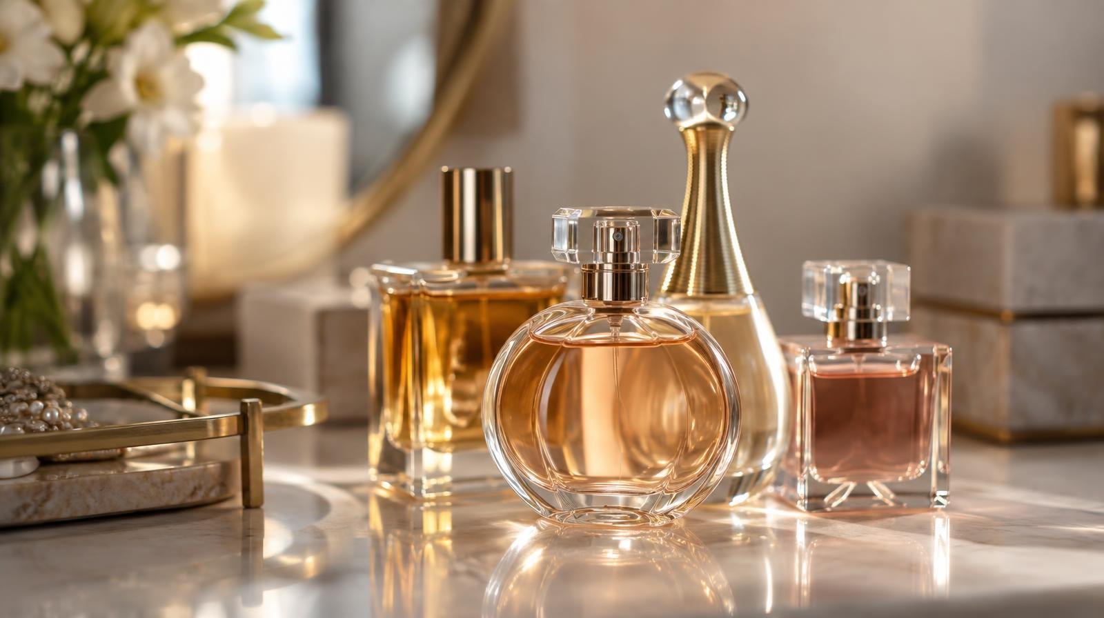 Several glass perfume bottles of varying shapes on a reflective surface with warm lighting.