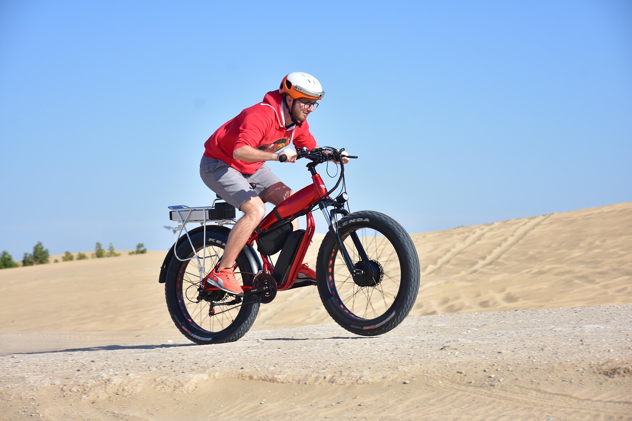 Electric bike, ride, desert, sand, cycling, bicycle, bike, e-bike, ebike, sport, rider, man, speed, helmet, dunes, extre