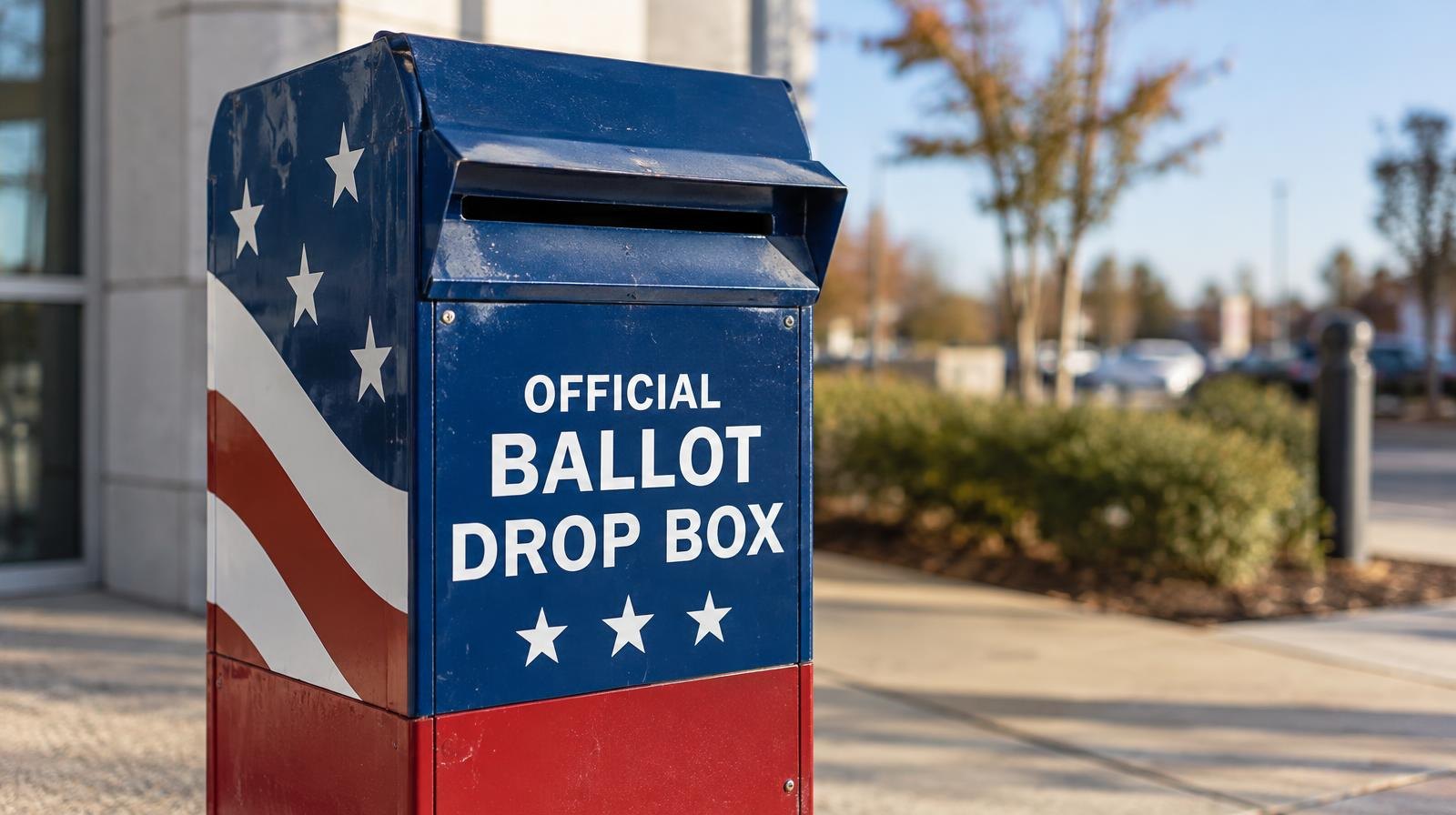 A red, white, and blue official ballot drop box standing on a sidewalk outdoors.