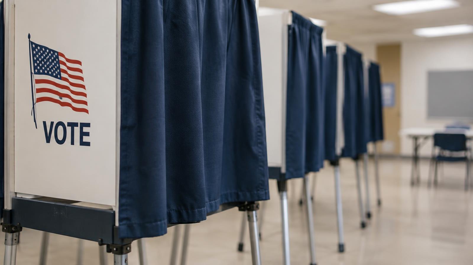 A row of voting booths with privacy curtains inside an empty polling place.