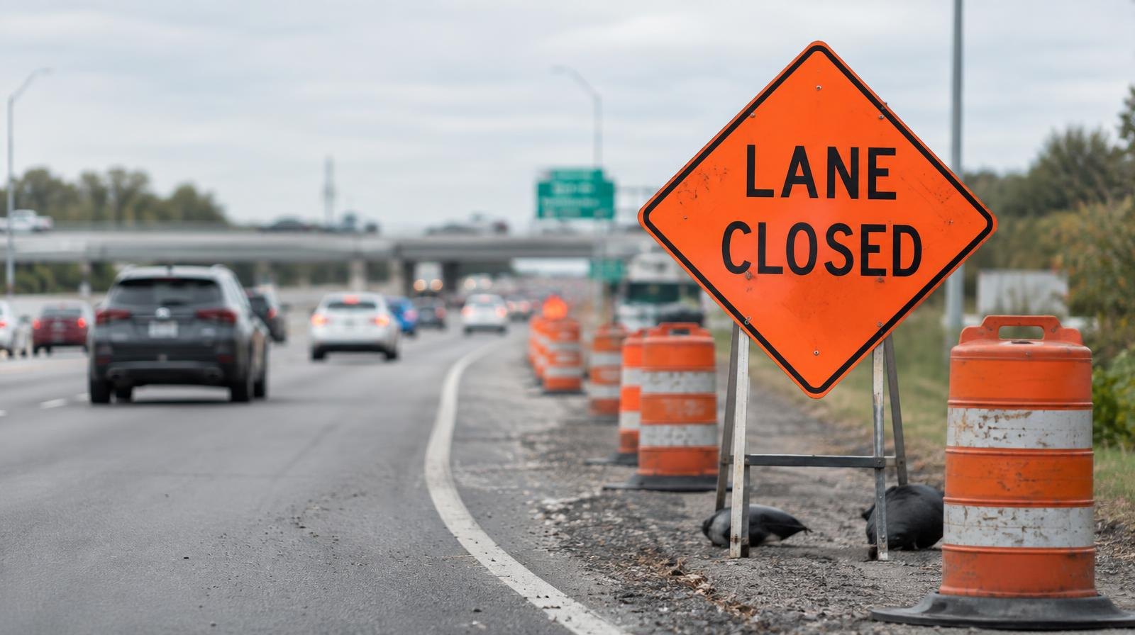 Highway on-ramp merging onto a freeway lined with orange construction barrels.