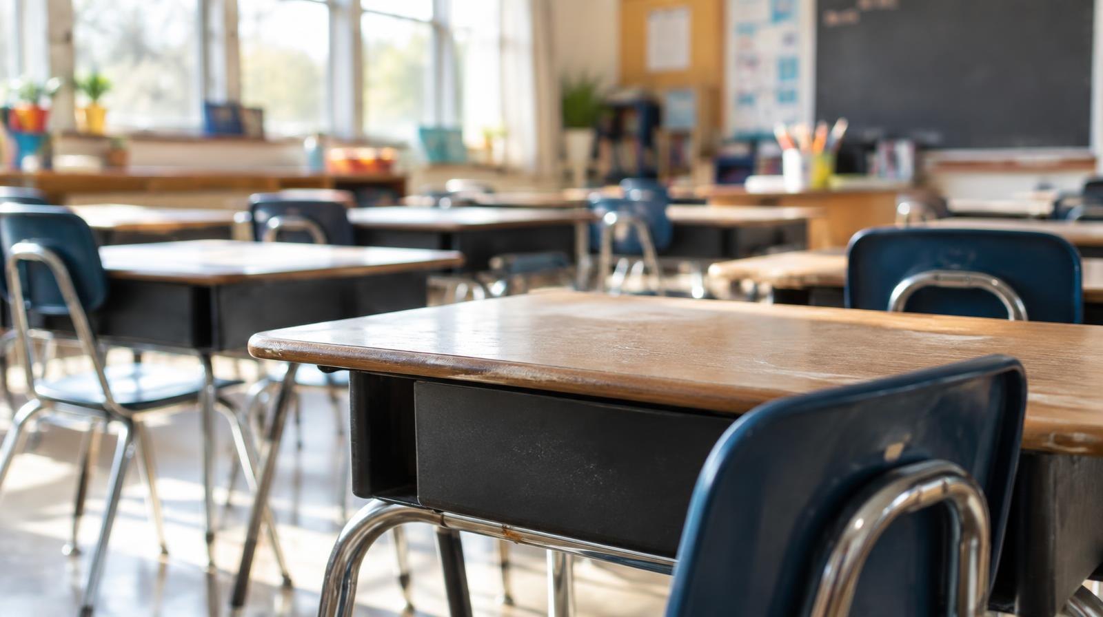 Rows of empty wooden student desks in a sunlit school classroom.