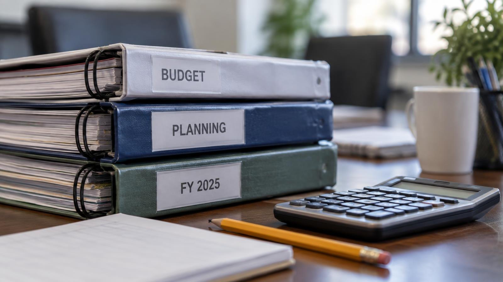 Stack of binders and folders beside a calculator on a table.