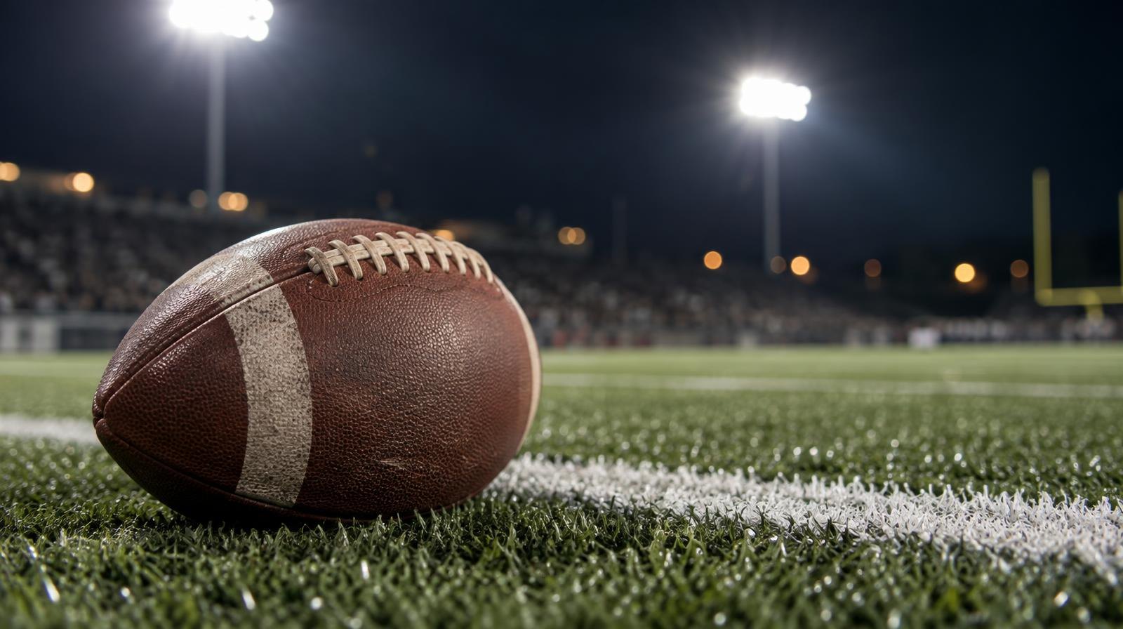 An American football on green artificial turf beside a white yard line under stadium lights.
