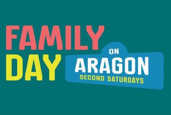 Colorful promotional graphic for Family Day on Aragon event on teal background.