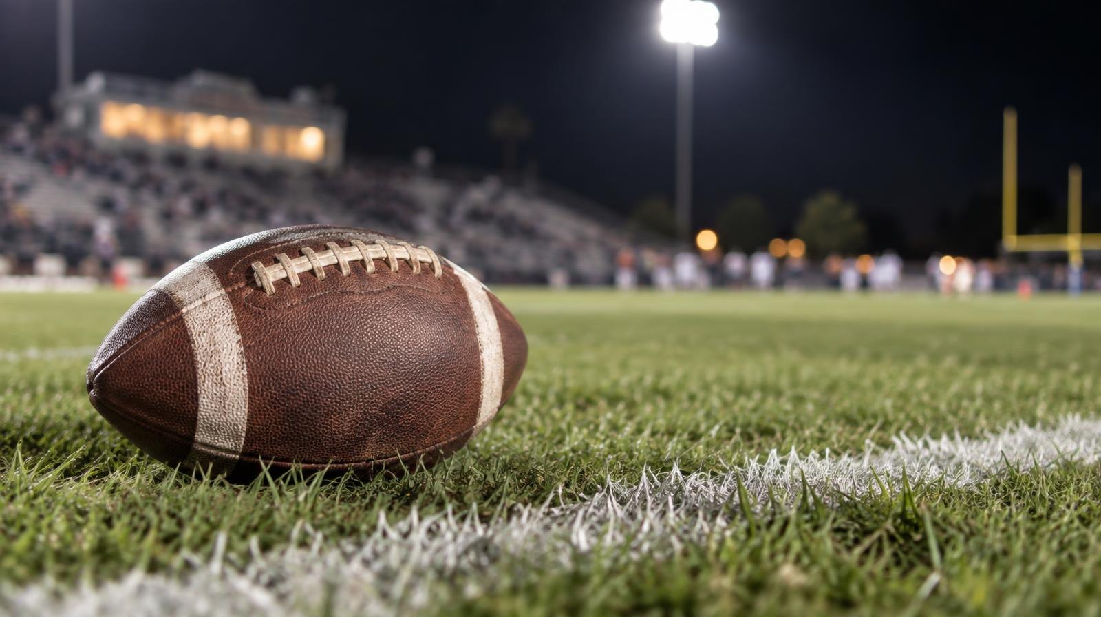 A football resting on green grass beside a painted white yard line.
