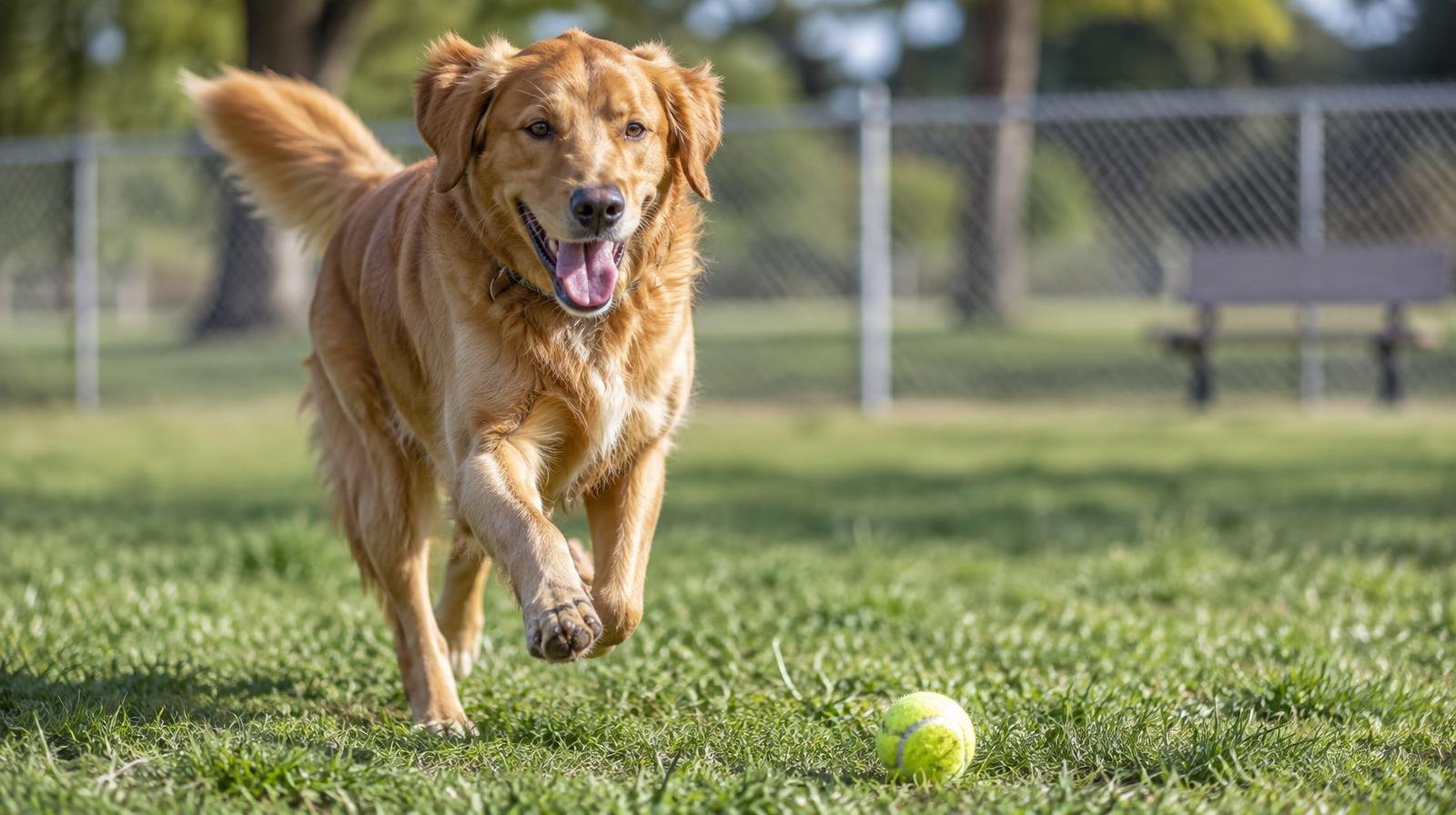 A dog running freely across a green grass field at a fenced park.