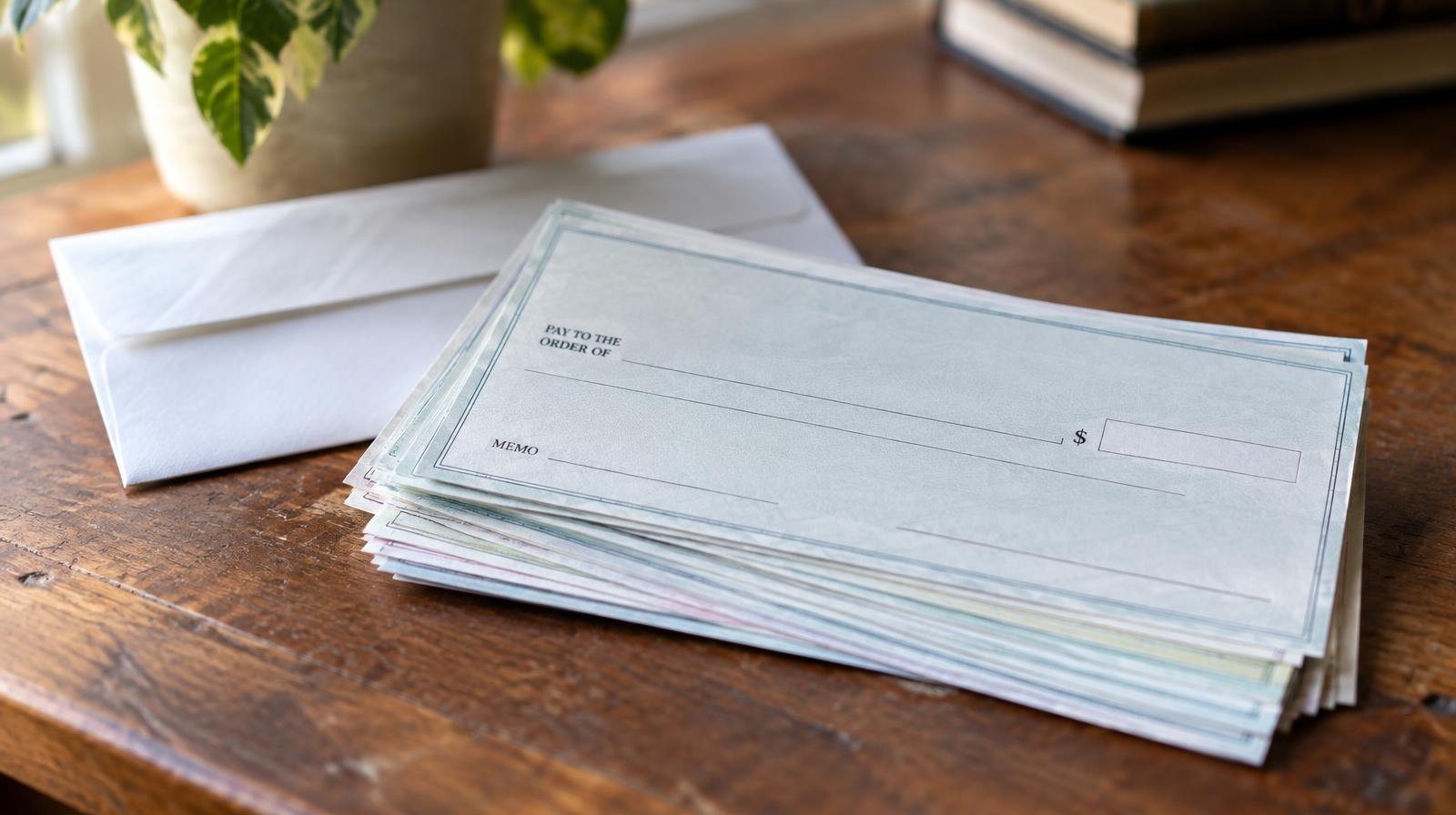 A stack of paper checks fanned out on a wooden surface next to an envelope.