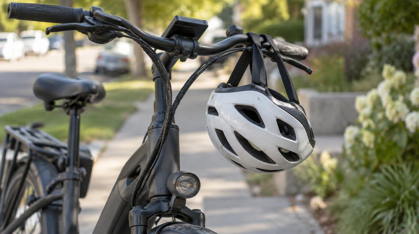 A bicycle helmet resting on the handlebars of a parked electric bicycle on a sidewalk.