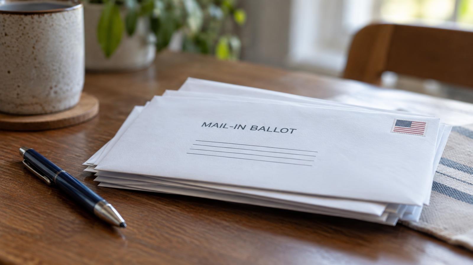Stack of white mail-in ballot envelopes on a wooden table beside a pen.