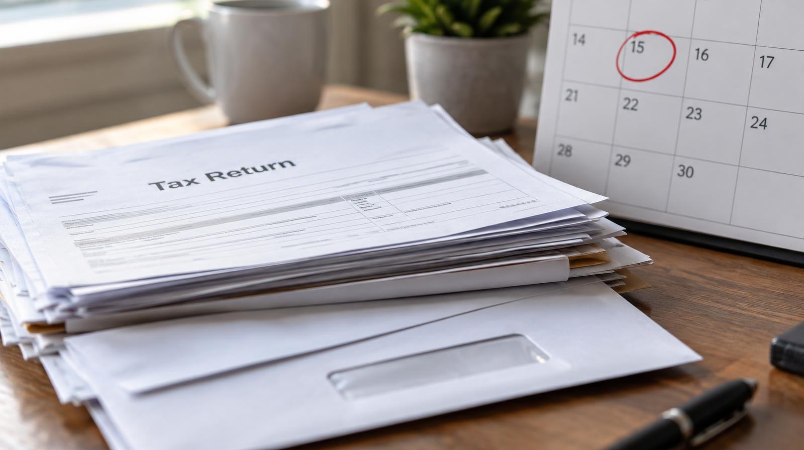 Stack of tax forms and envelopes on a wooden desk beside a calendar with a circled deadline date.