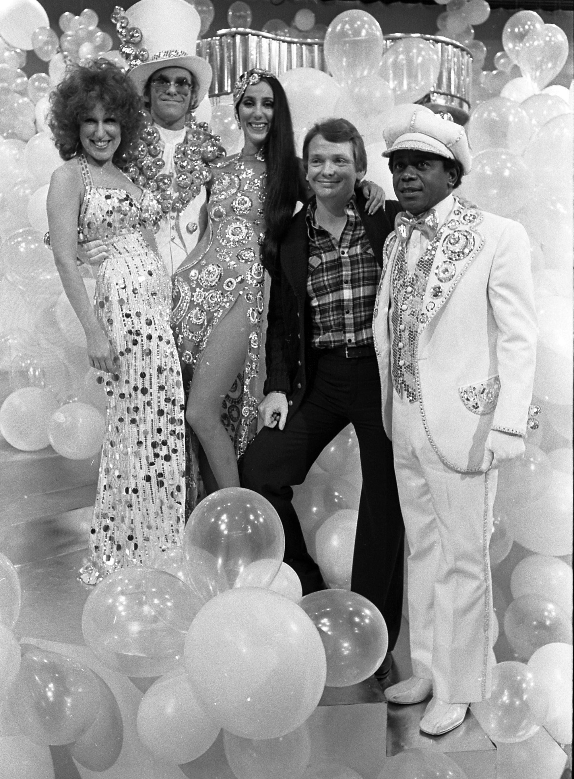 Designer Bob Mackie with Bette Midler, Elton John, Cher and Flip Wilson during the taping of The Cher Show special at the CBS Television City Studio 3A.