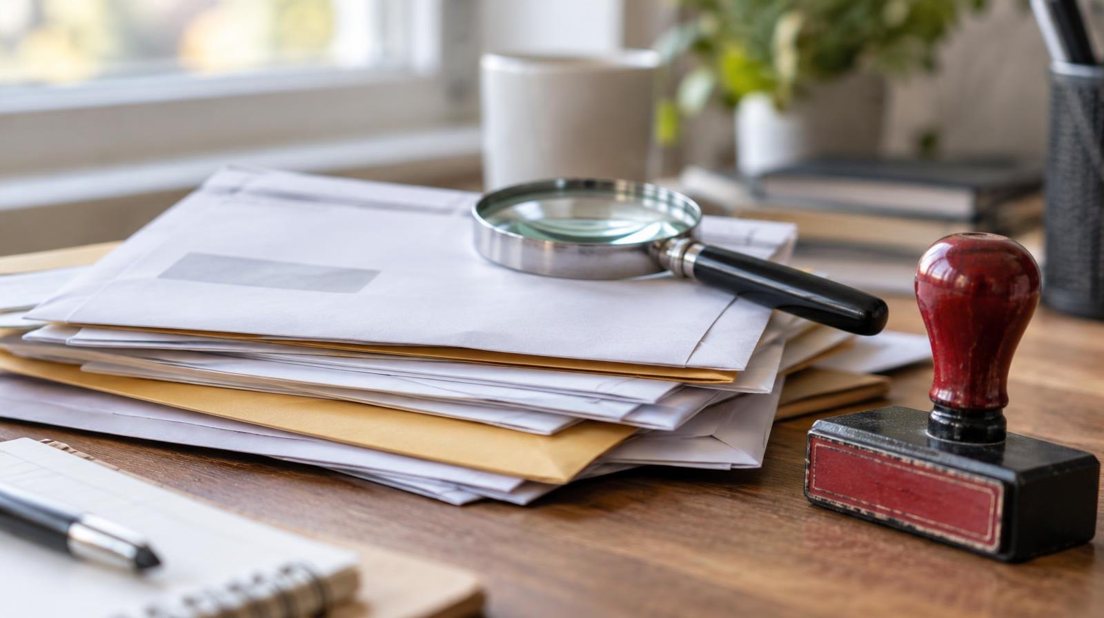 Stack of envelopes and papers on a desk with a magnifying glass resting on top.
