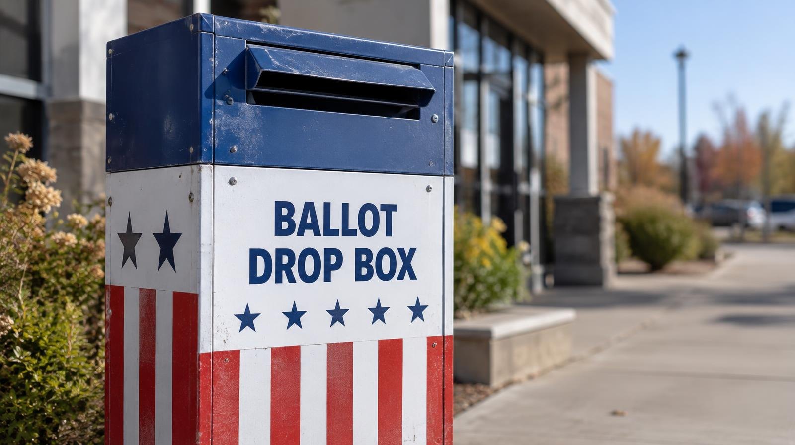 A red, white, and blue ballot drop box on a sidewalk outside a public building.