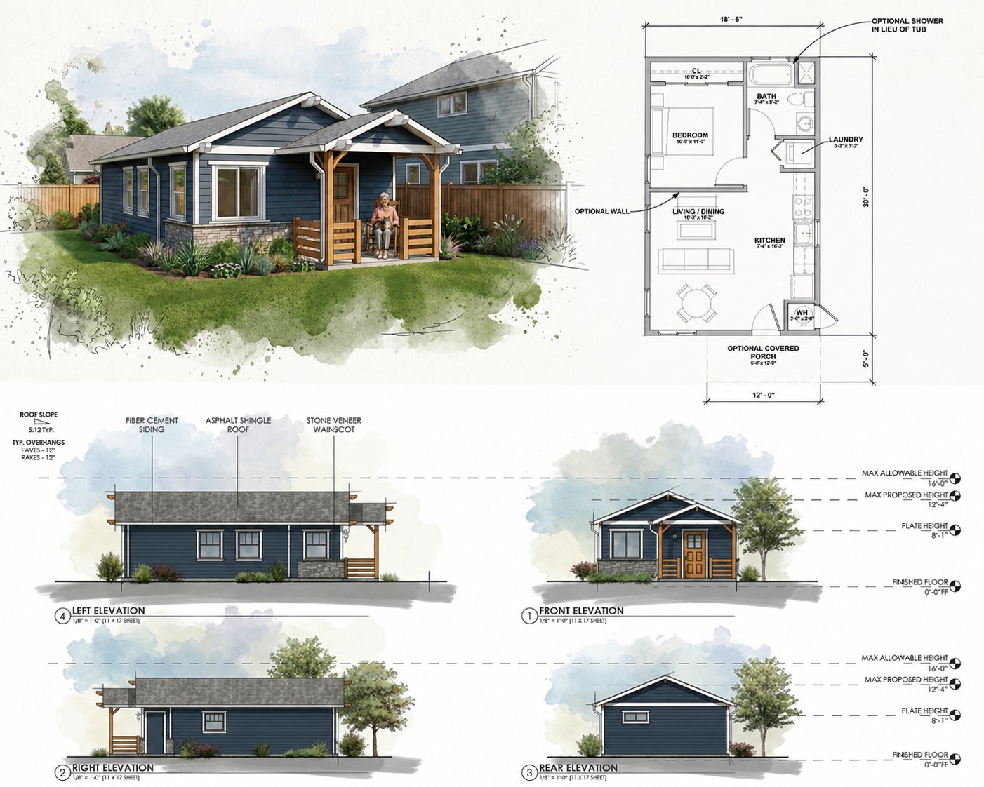 Architectural drawings showing four elevations, a floor plan, and a rendering of a small cottage-style ADU.