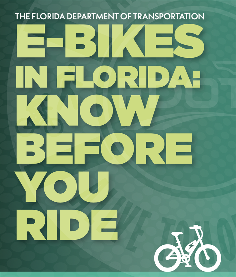 Teal cover of an e-bike safety brochure with a white bicycle icon.