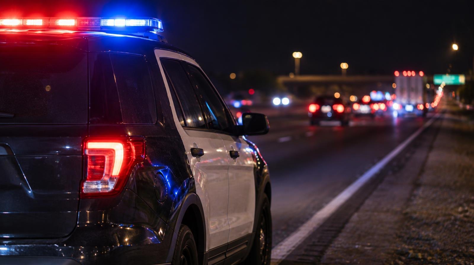 Police patrol car on a dark highway shoulder with red and blue lights on.
