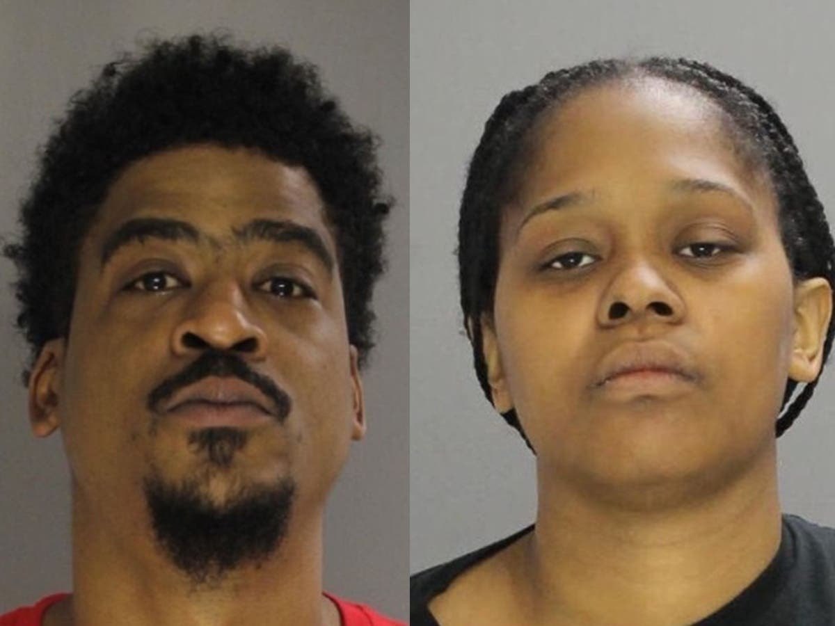 Side-by-side mugshots of a man and a woman against plain backgrounds.