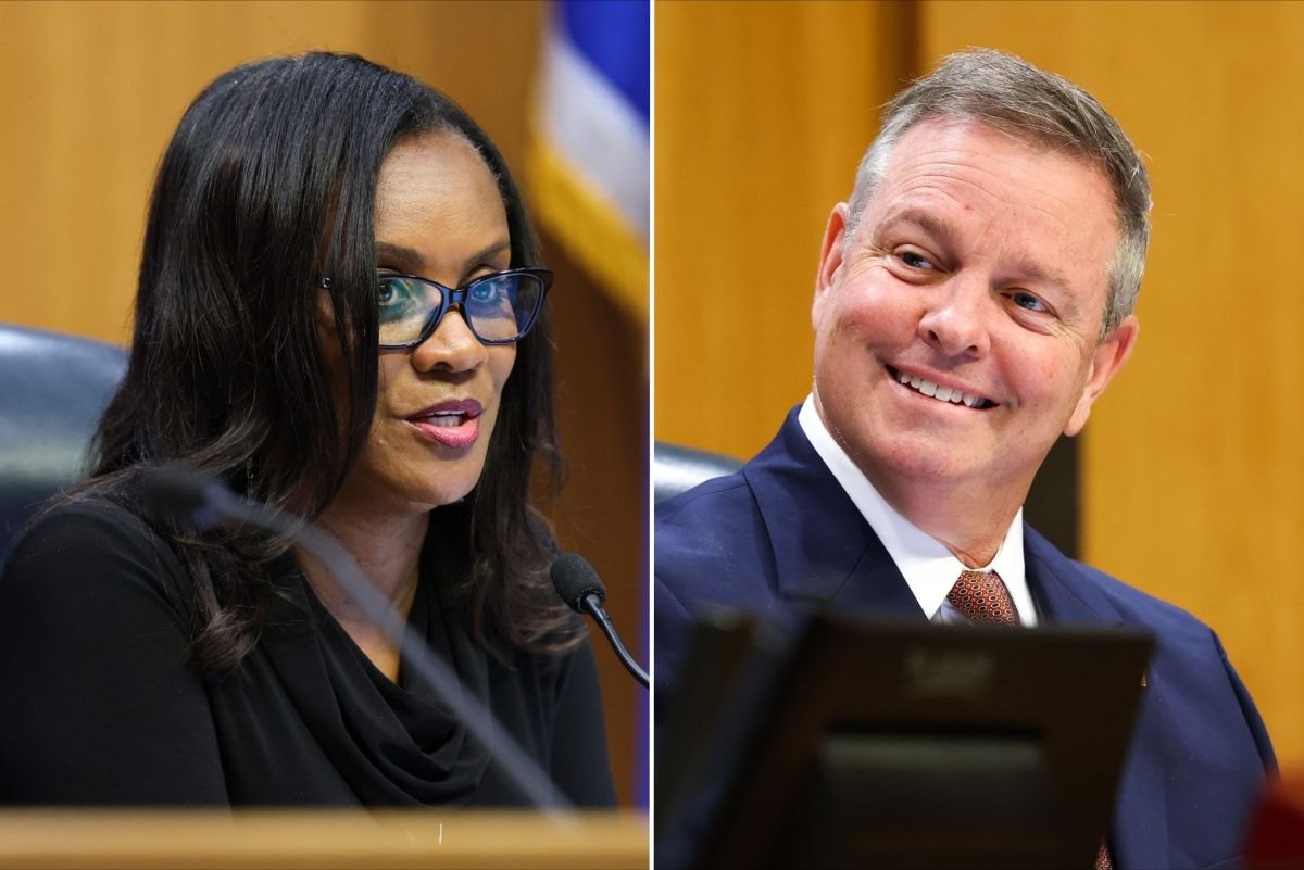 Split photo showing a woman speaking at a microphone and a man in a blue suit smiling.