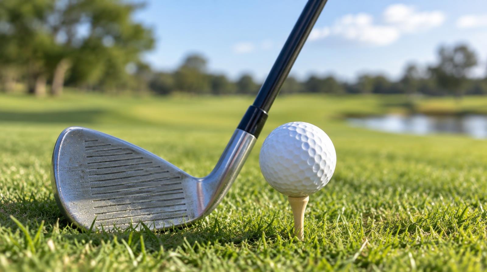 A golf ball on a tee next to an iron club on a green fairway.