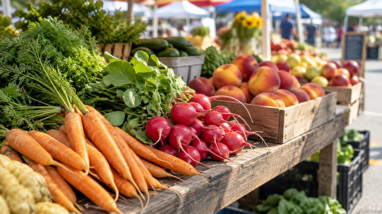 Colorful fresh vegetables and fruits arranged on a wooden table at an outdoor market stall.
