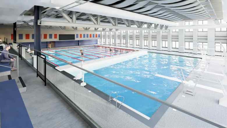 Architectural rendering of a multi-lane indoor competitive swimming pool with spectator railing and large windows.